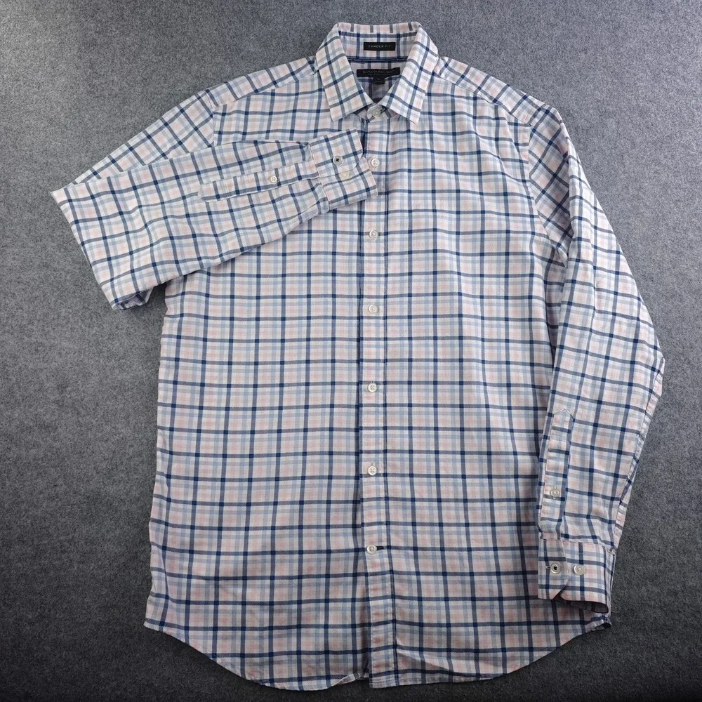 Banana Republic Shirt Mens Medium Camden Fit Pink Blue Plaid Long Sleeve Button